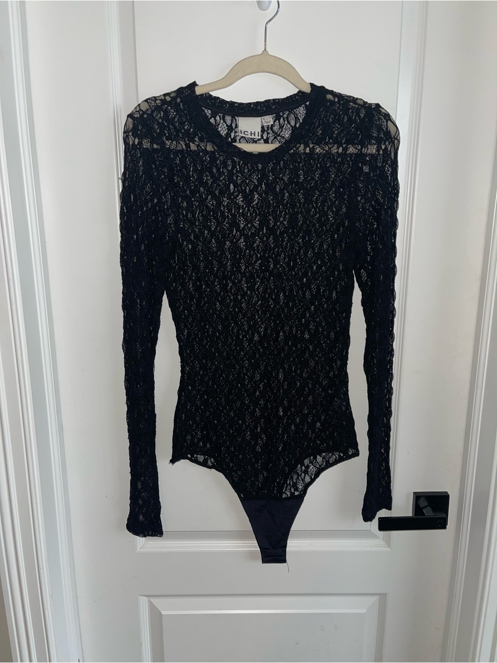 ICHI Black Lace Long Sleeve Bodysuit Sheer Stretch Top Large